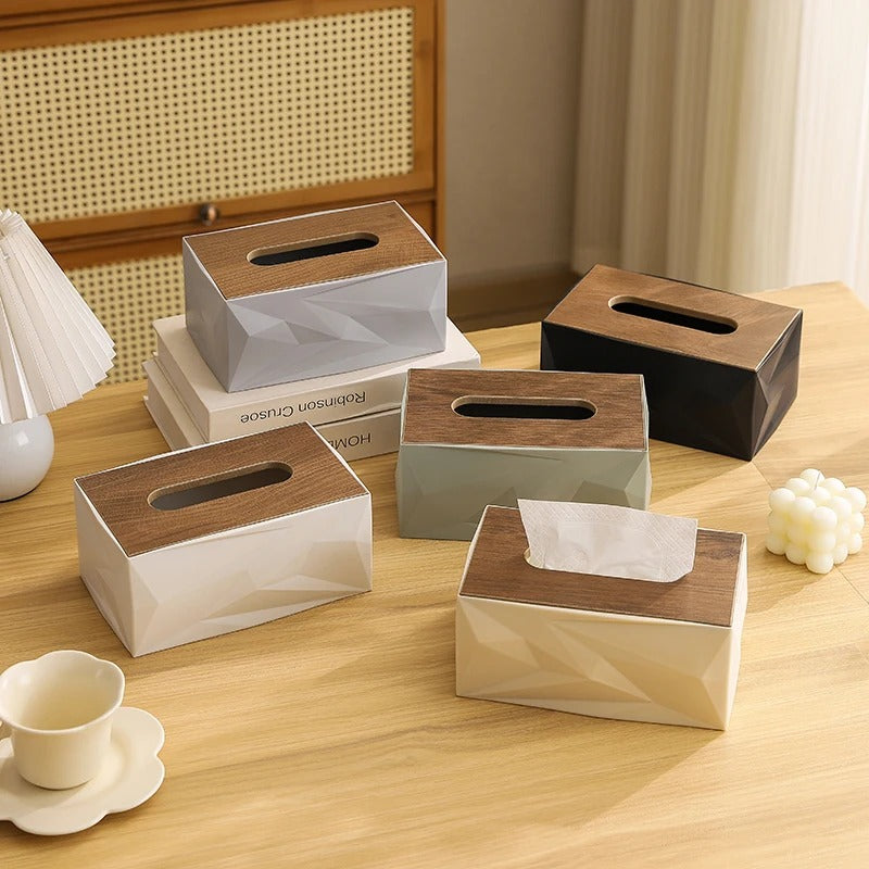 Geometric Textured Tissue Box with Wooden Lid – Luxury Decorative Tissue Holder