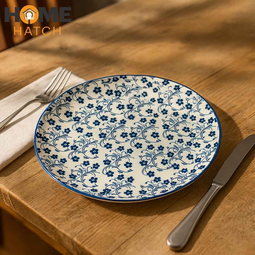 DANNY HOME Navy Blue Floral Flat Ceramic Plates – Multiple Sizes – Home Hatch Pakistan