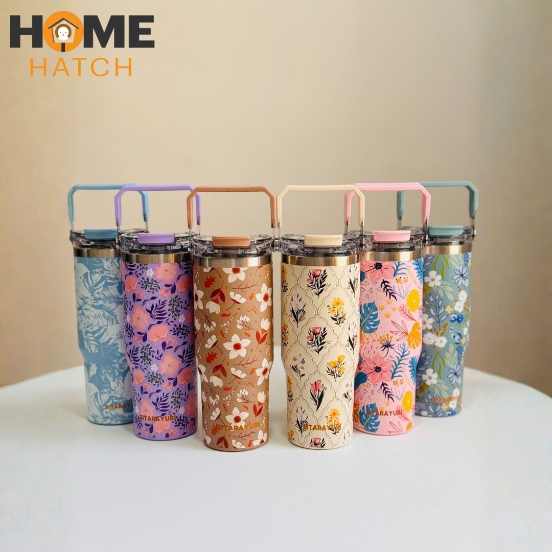 Sitarayuri Floral 900ml Stainless Steel Tumbler with Handle & Straw – Leakproof & Insulated Travel Cup – Home Hatch Pakistan