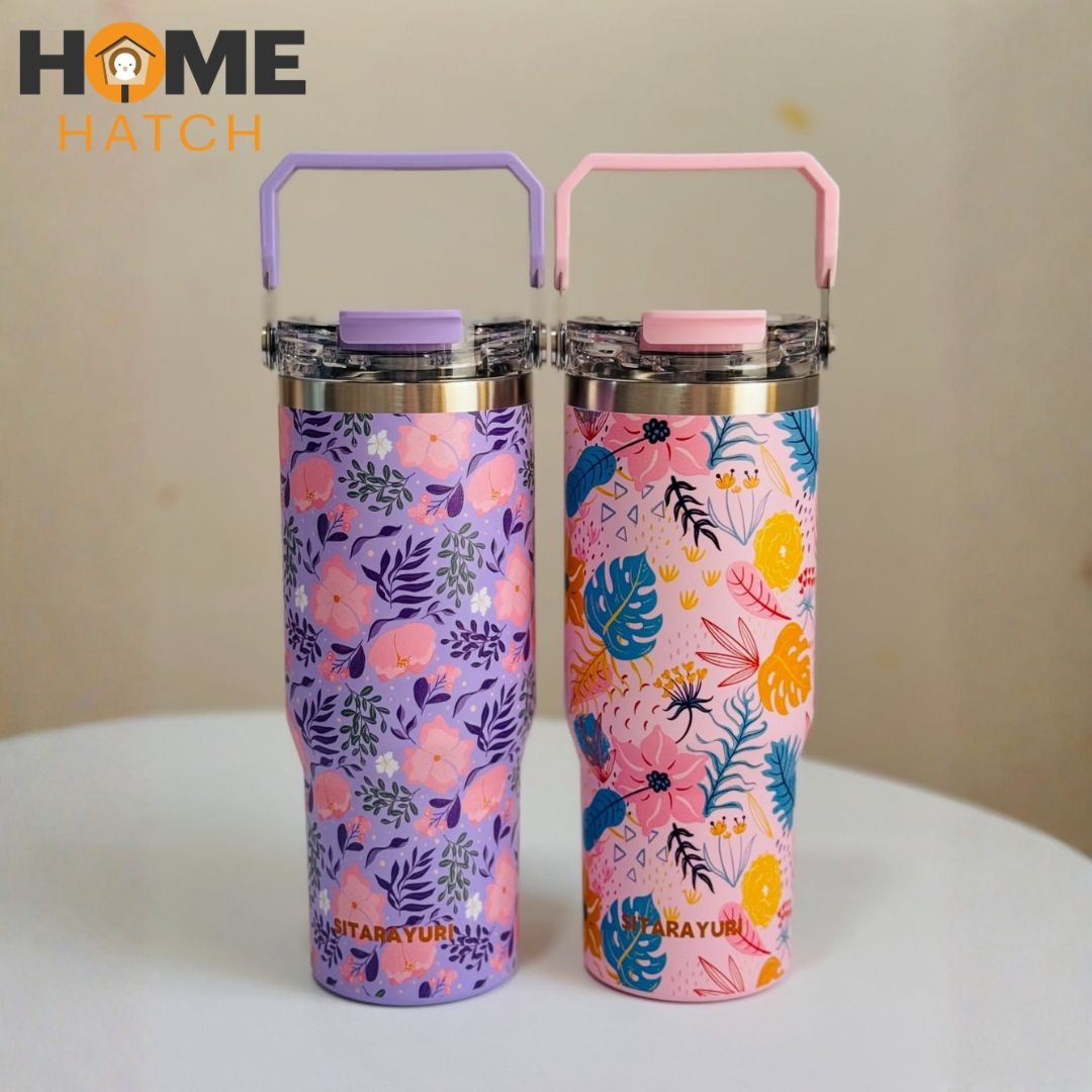 Sitarayuri Floral 900ml Stainless Steel Tumbler with Handle & Straw – Leakproof & Insulated Travel Cup – Home Hatch Pakistan