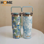 Sitarayuri Floral 900ml Stainless Steel Tumbler with Handle & Straw – Leakproof & Insulated Travel Cup – Home Hatch Pakistan
