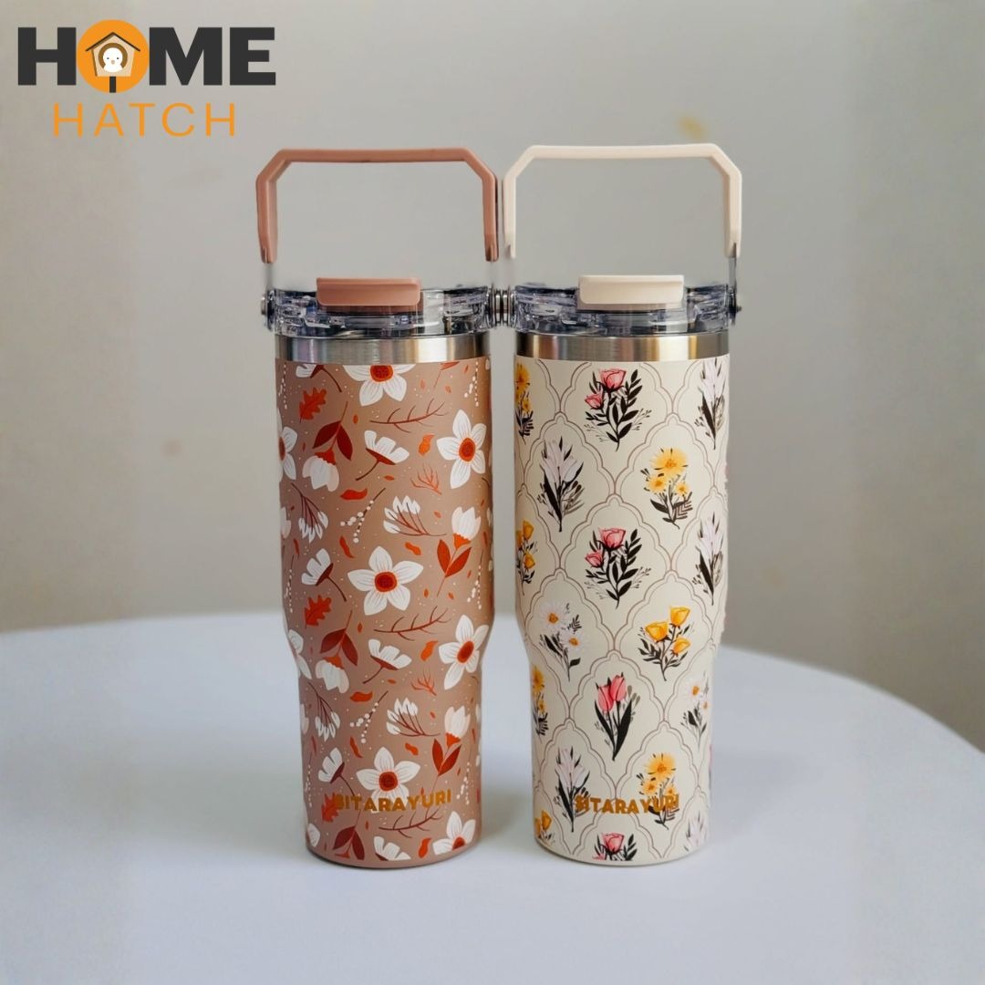 Sitarayuri Floral 40oz Stainless Steel 900ml Tumbler with Handle & Straw – Leakproof & Travel Friendly