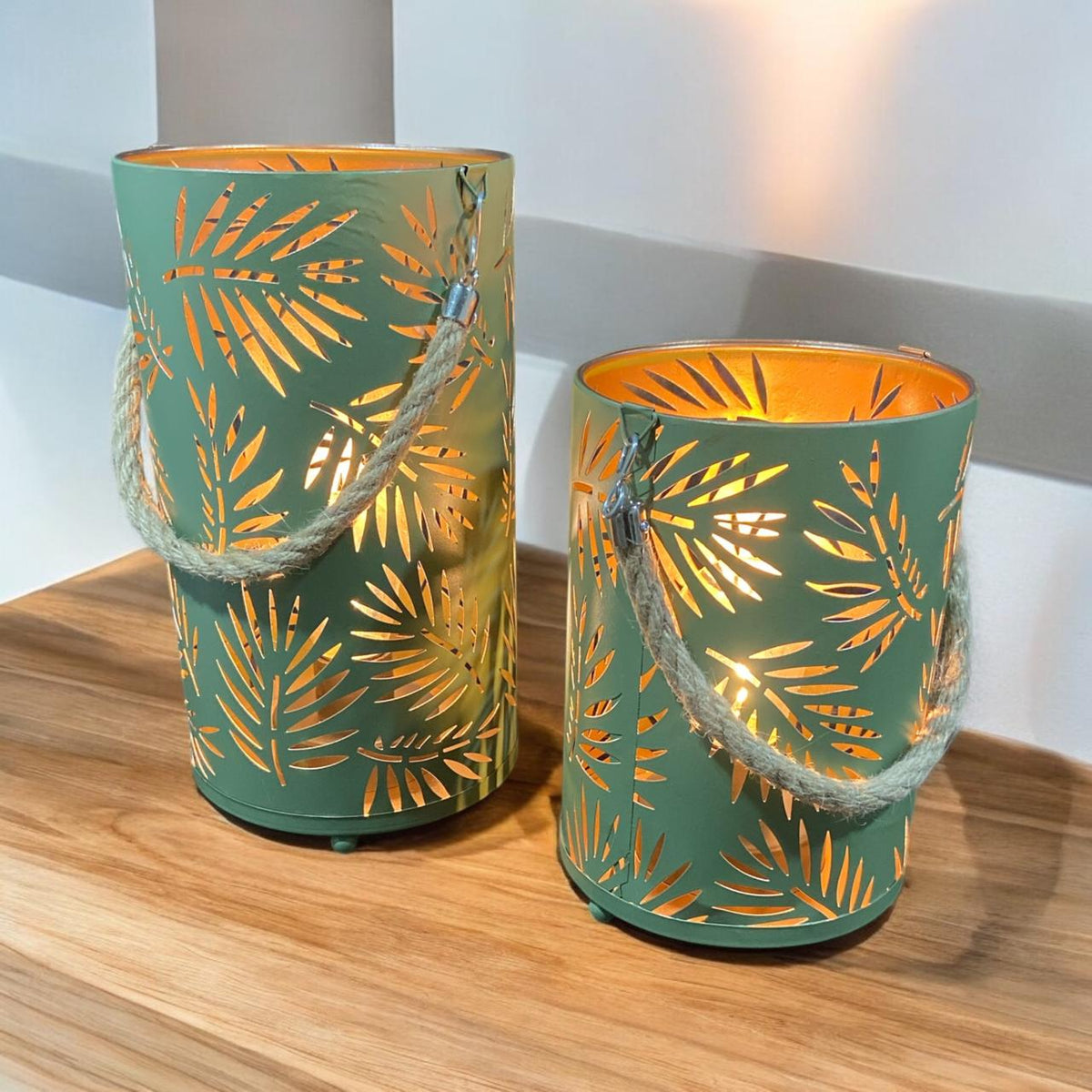 Leaf Silhouette Cylindrical Led Lanterns- Green | Home Decor