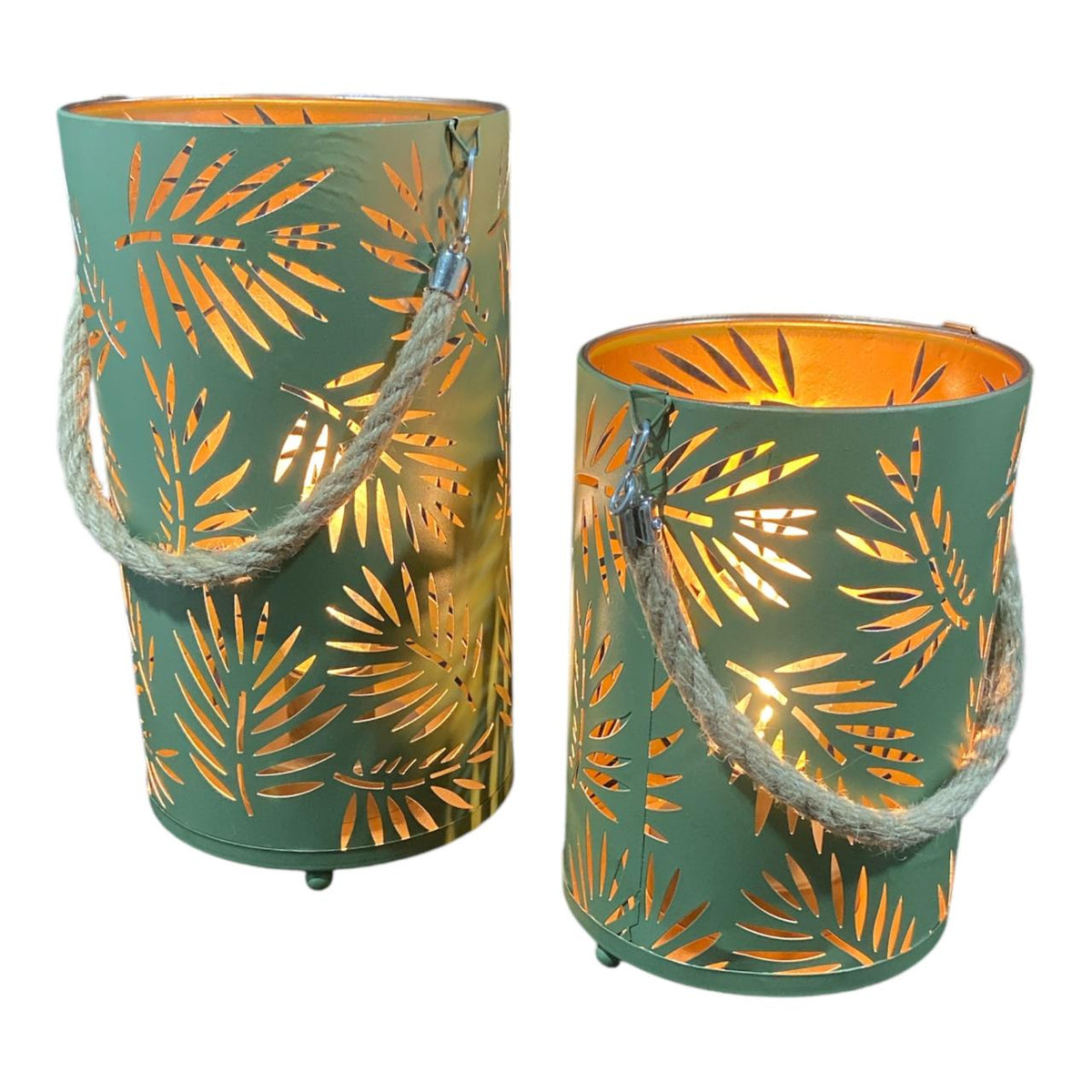 Leaf Silhouette Cylindrical Led Lanterns- Green | Home Decor