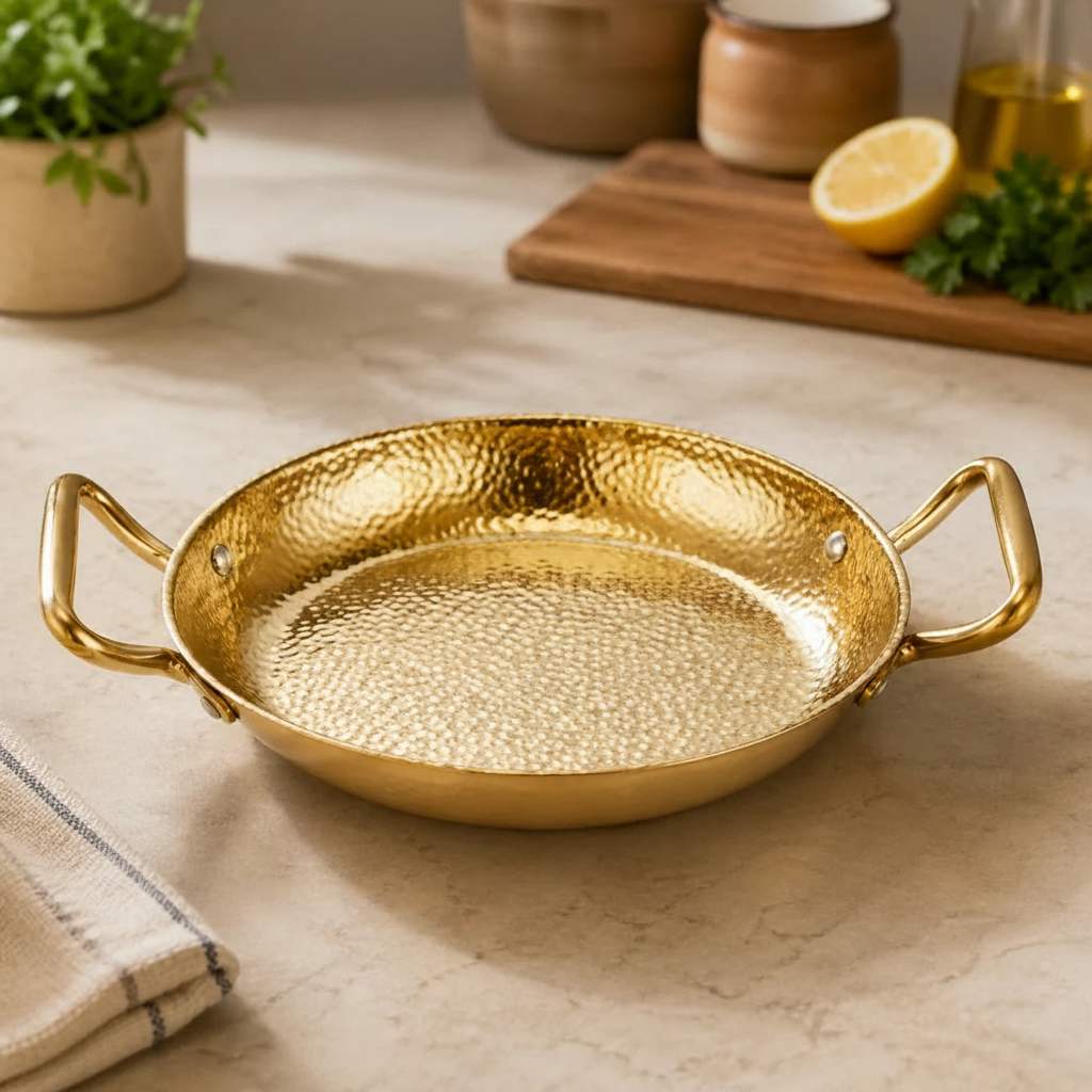new golden paella deep pan double handle premium stainless steel cookware for gas and induction – Pakistan