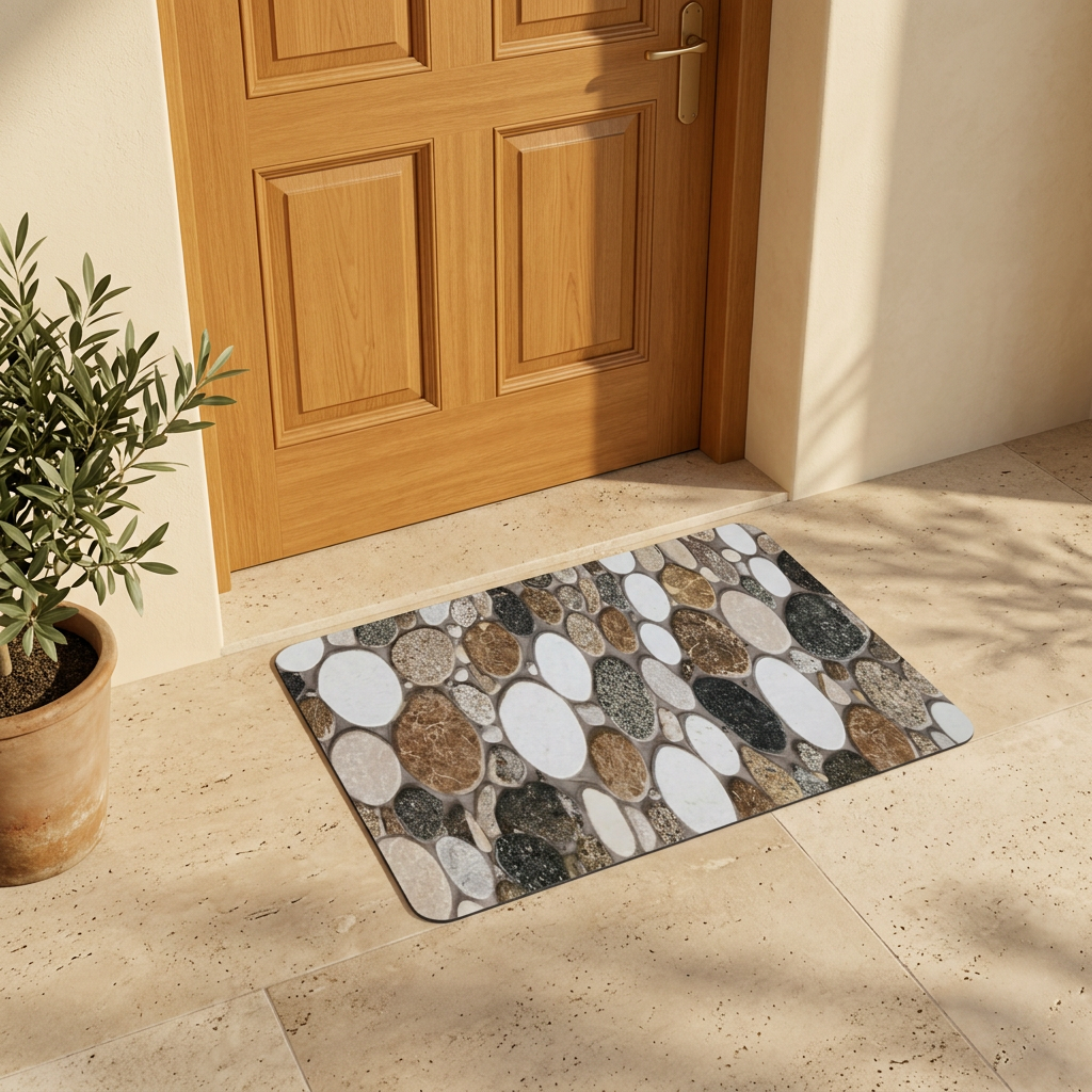 Pebble-pattern mat at a sheltered sunlit entrance