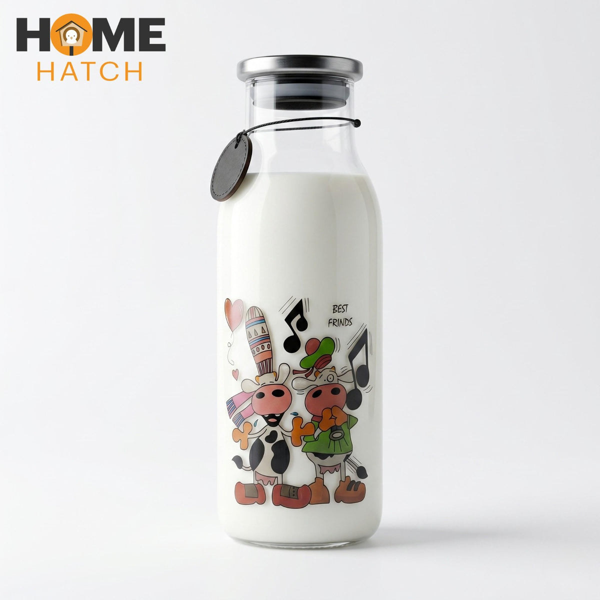 cute cartoon glass milk bottle with airtight stainless steel lid reusable beverage bottle – Pakistan