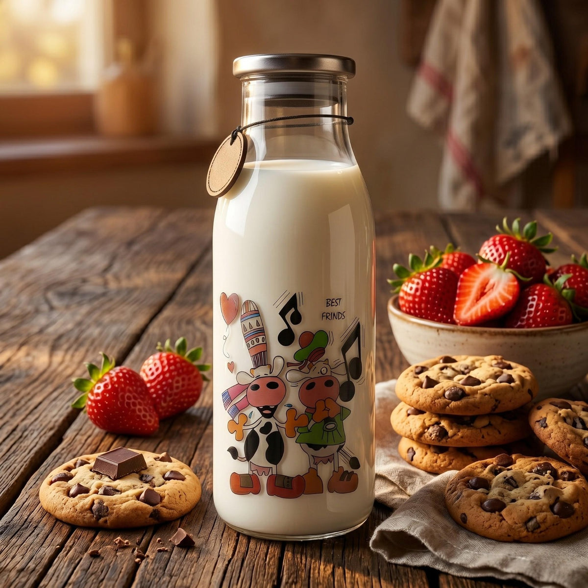 cute cartoon glass milk bottle with airtight stainless steel lid reusable beverage bottle – Pakistan