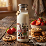 cute cartoon glass milk bottle with airtight stainless steel lid reusable beverage bottle – Pakistan