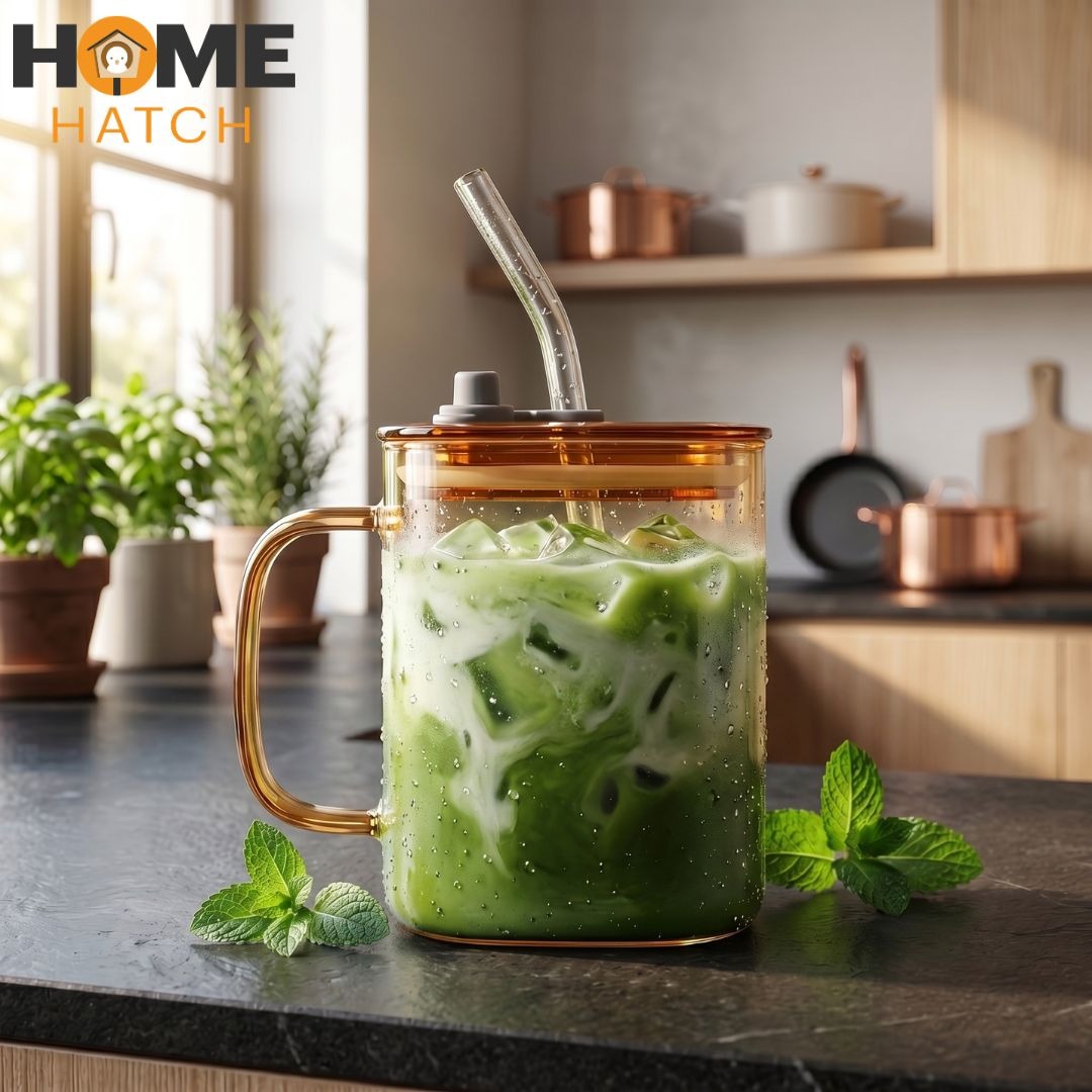 premium glass tumbler with lid glass straw and handle 490ml reusable beverage cupglass tumbler with handle Pakistanglass tumbler with strawreusable glass cup 490mliced coffee tumbler Pakistanglass cup with lid and strawpremium glass drinkwaresmoothie glass tumbleraesthetic coffee cupreusable beverage tumblerHome Hatch drinkware