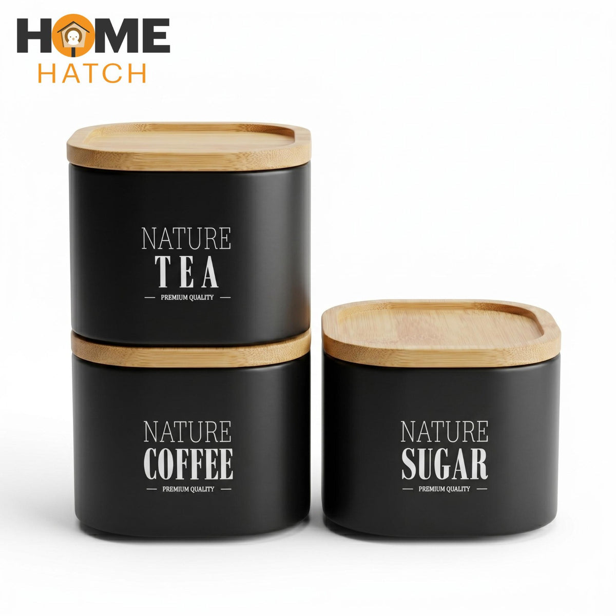 Premium Matte Tea Coffee Sugar Canister Set with Bamboo Lids | 3 Pcs Kitchen Storage Set
