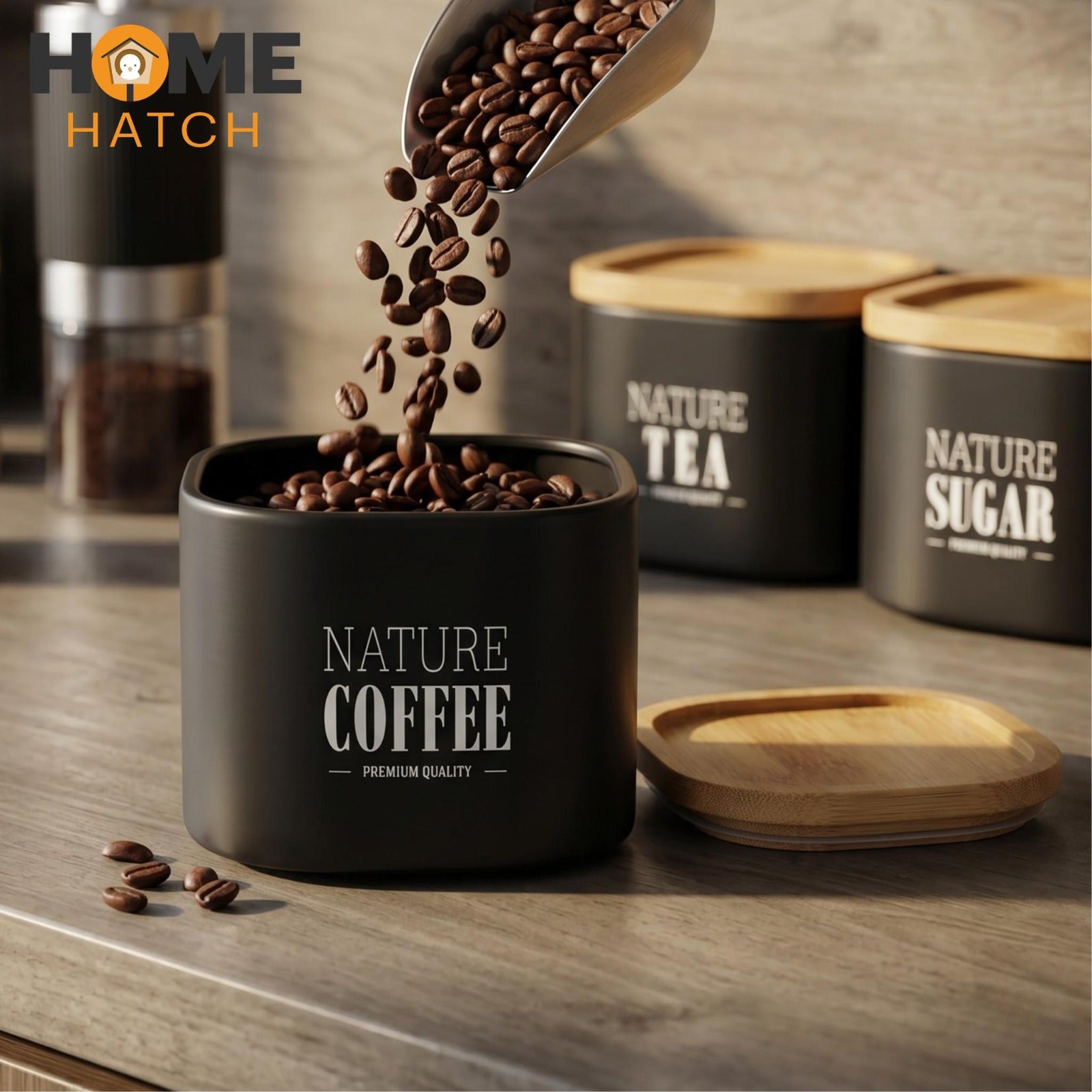 Hatch Tea Matte Tea Coffee Sugar Canister Set with Bamboo Lids