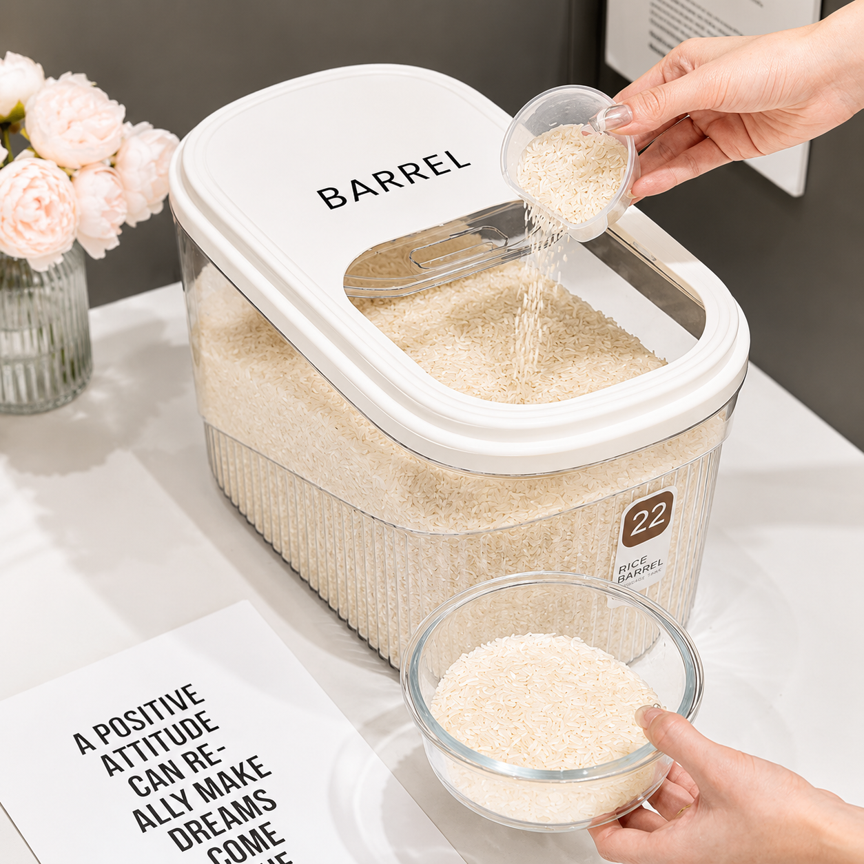 Rice Box with Slidable Door & Measuring Cup Storage Bin