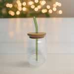 Curved Transparent Drinking Glass Tumbler with Bamboo Lid And Glass Straw