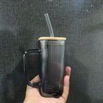 Lined Transparent Square Bamboo Lid Tumbler Drinking Glass with Glass Straw andHandle