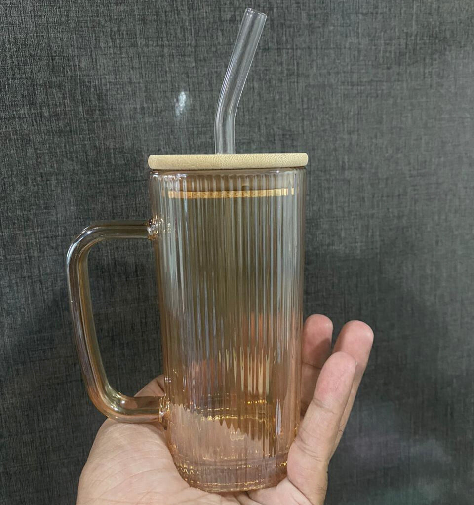 Lined Transparent Square Bamboo Lid Tumbler Drinking Glass with Glass Straw andHandle