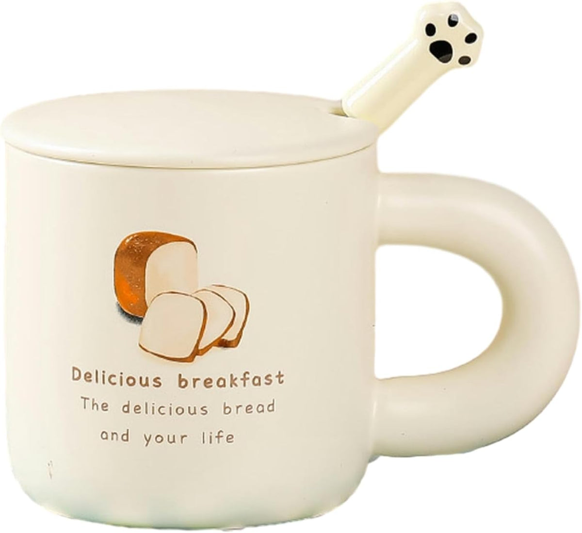 Cartoon Bear | Bread | Breakfast | Ceramic Mug With Lid and Spoon