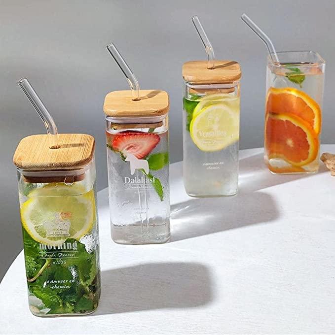 Drinking Glasses with Bamboo Lids and Straws 4 Pcs Set, Cute Pattern  Glassware S