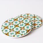 Yellow And Green Floral Pattern Drink Coasters With Thin Cork Bottom | Set of 2 - HomeHatchpk