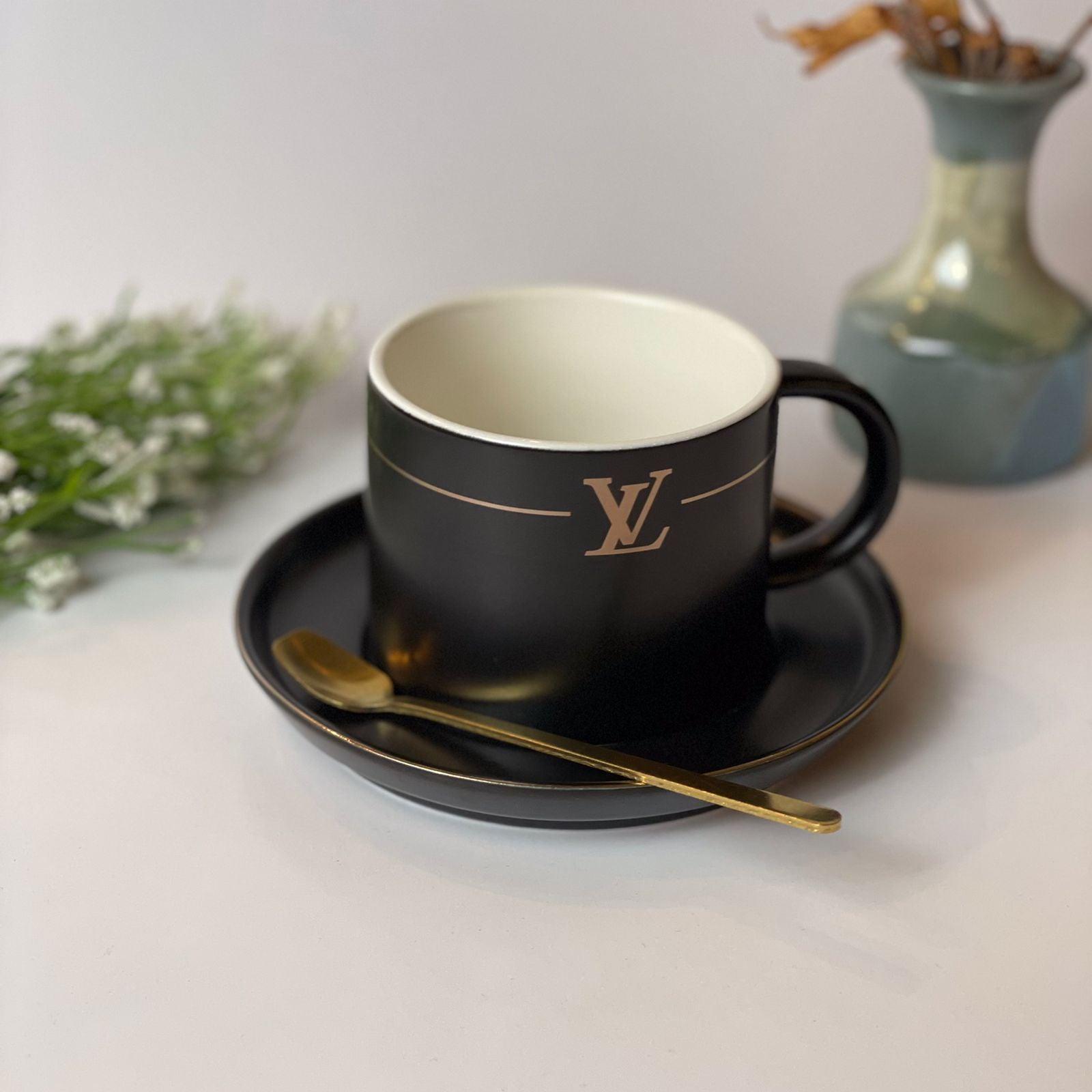 LV Design Premium Tea Cup with Saucer and Golden Spoon – Qareenay
