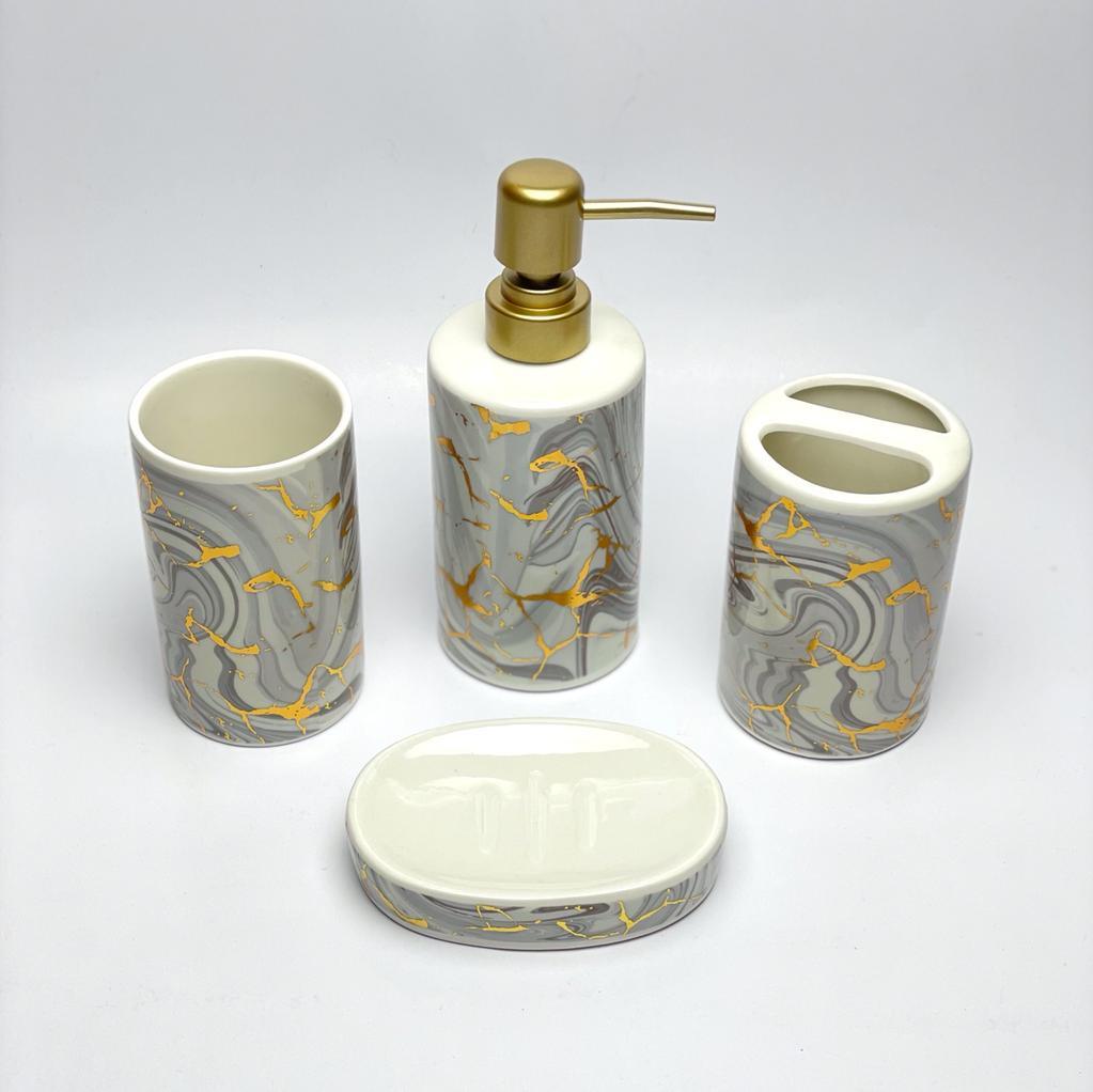 Light Grey Swirl With Gold Splatter Bath Set - 4pcs - HomeHatchpk