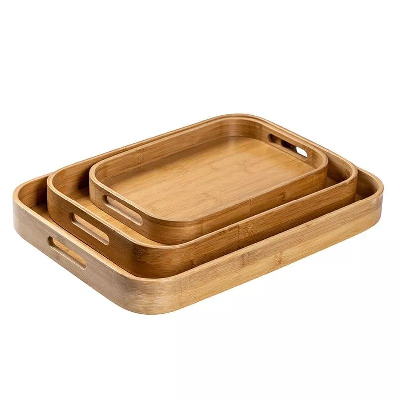 Bamboo Rectangular Serving Tray With Handle - Set of 3 - HomeHatchpk