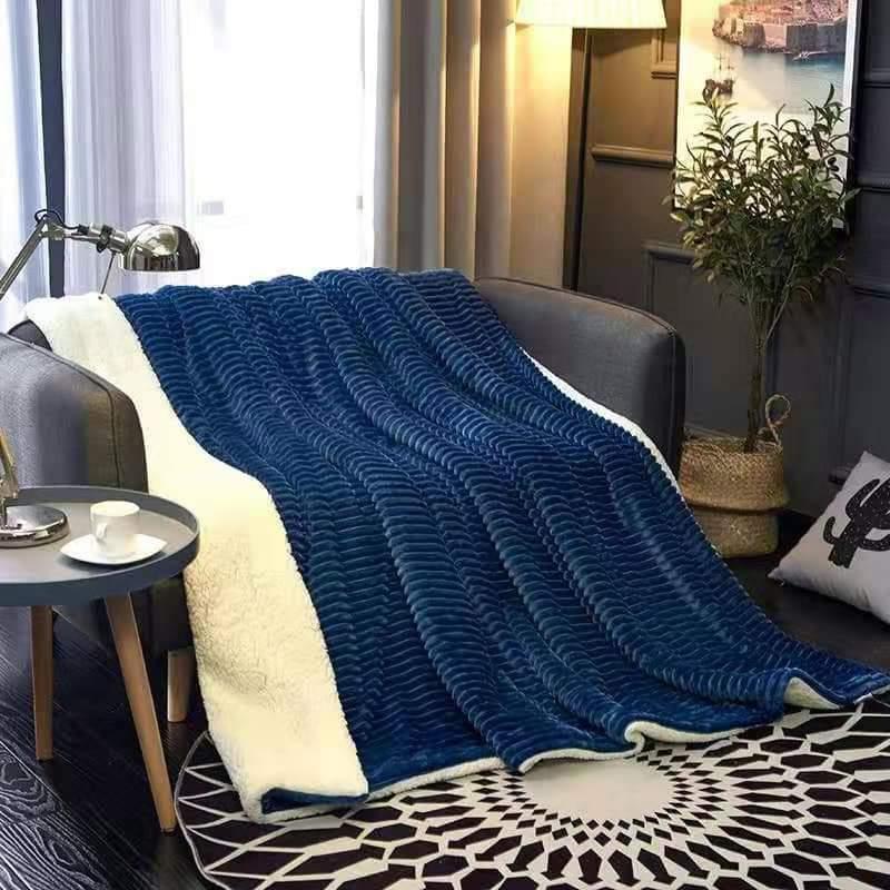 Double Layered Winter Sherpa Blanket - Navy Blue - HomeHatchpk