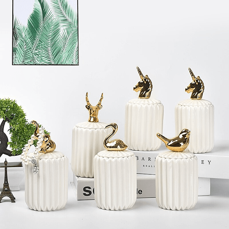 Gold Animal Lid White Ceramic Candy Jar | Storage Jar | Center Piece - HomeHatchpk