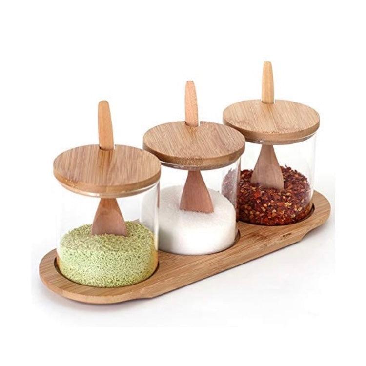 3pcs Seasoning Bamboo Lid Jar Set With Wooden Spoon and Tray - HomeHatchpk