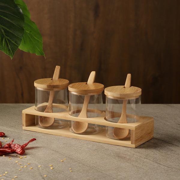 3pcs Seasoning Bamboo Lid Jar Set With Wooden Spoon and Stand - HomeHatchpk