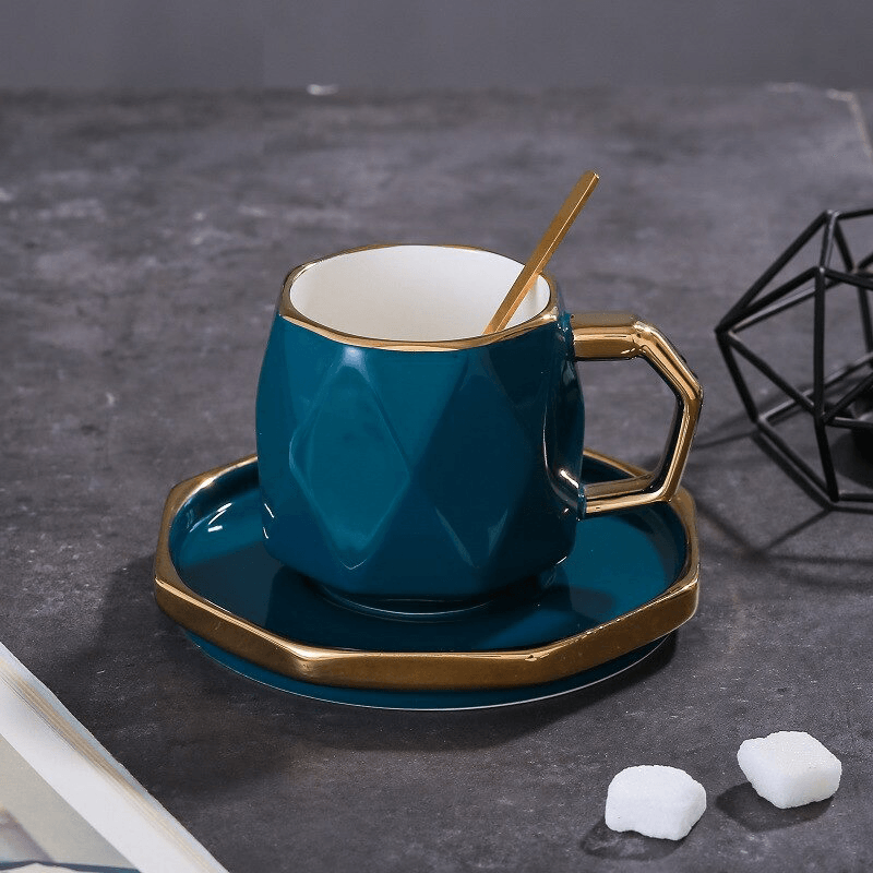 Gold Border Hexagonal Cup/Mug With Saucer And Spoon - HomeHatchpk