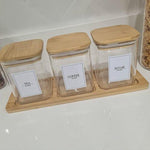 3Pcs- Square Bamboo Lid Glass Storage Jars With Wooden Tray - HomeHatchpk