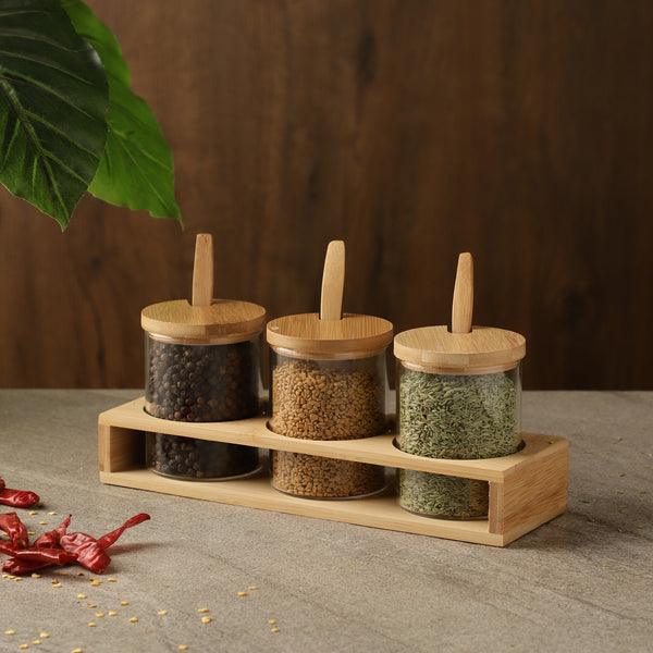 3pcs Seasoning Bamboo Lid Jar Set With Wooden Spoon and Stand - HomeHatchpk