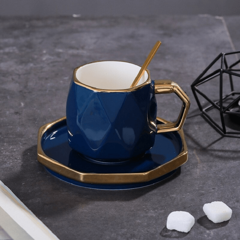 Gold Border Hexagonal Cup/Mug With Saucer And Spoon - HomeHatchpk