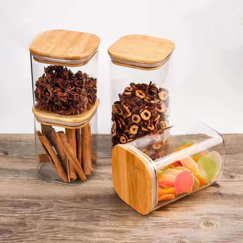 Square Wooden Bamboo Lid Glass Storage Jars - HomeHatchpk