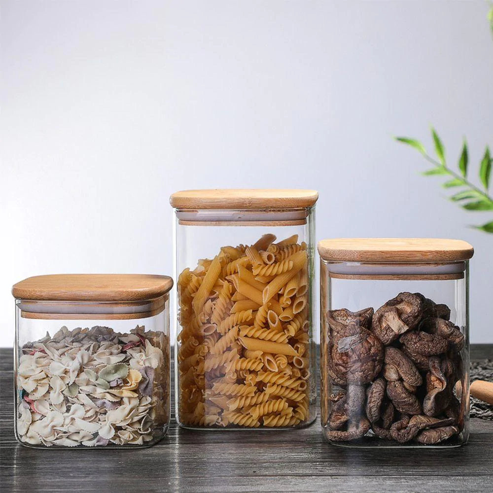 Square Wooden Bamboo Lid Glass Storage Jars - HomeHatchpk